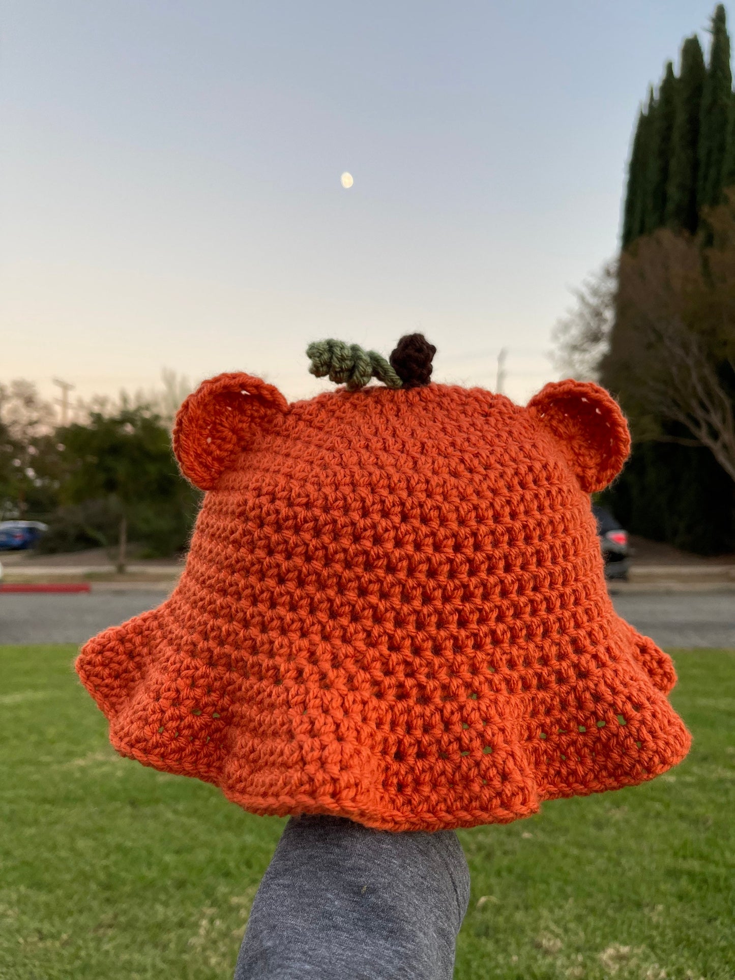 Sombrero de cubo de oso de calabaza de ganchillo
