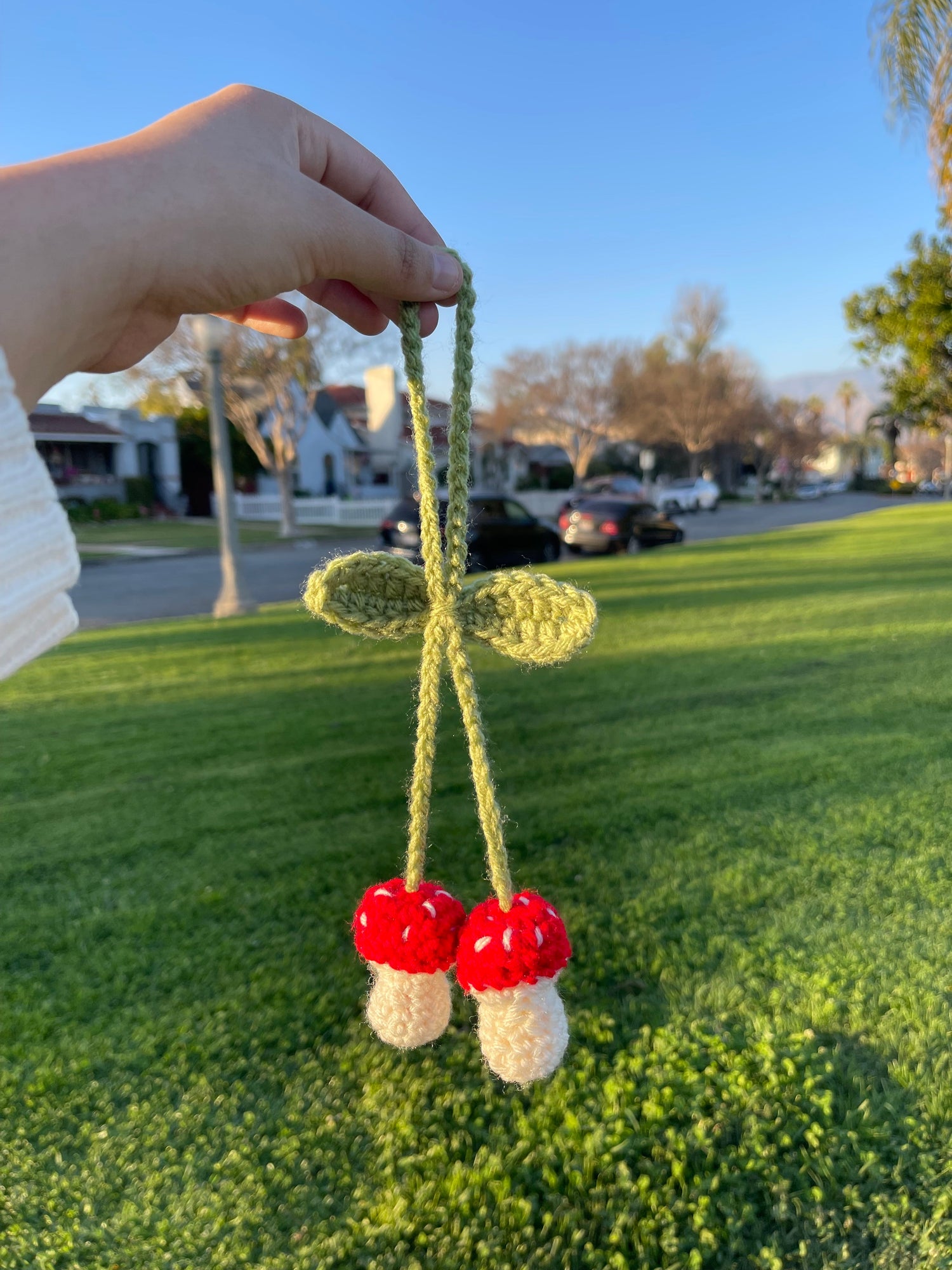 Hand holding crocheted red mushrooms with white spots attached to green leaves, against suburban neighborhood backdrop.
