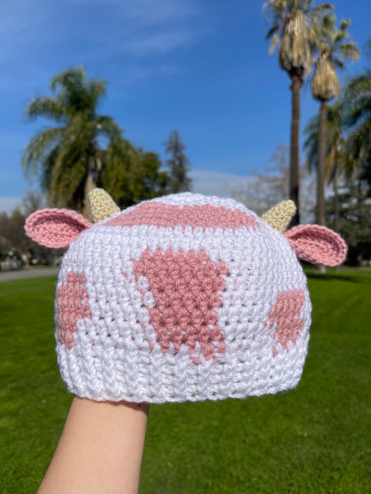 Crochet Strawberry Cow Beanie